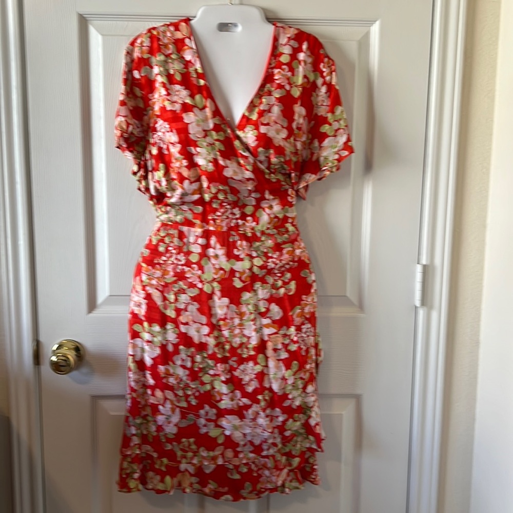 J Jill Red Orange Floral Dress Size Large